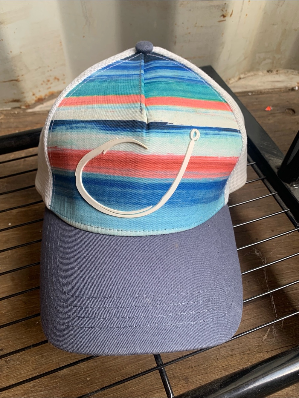 Striped Blue & Coral Trucker Hat with Hook Accent